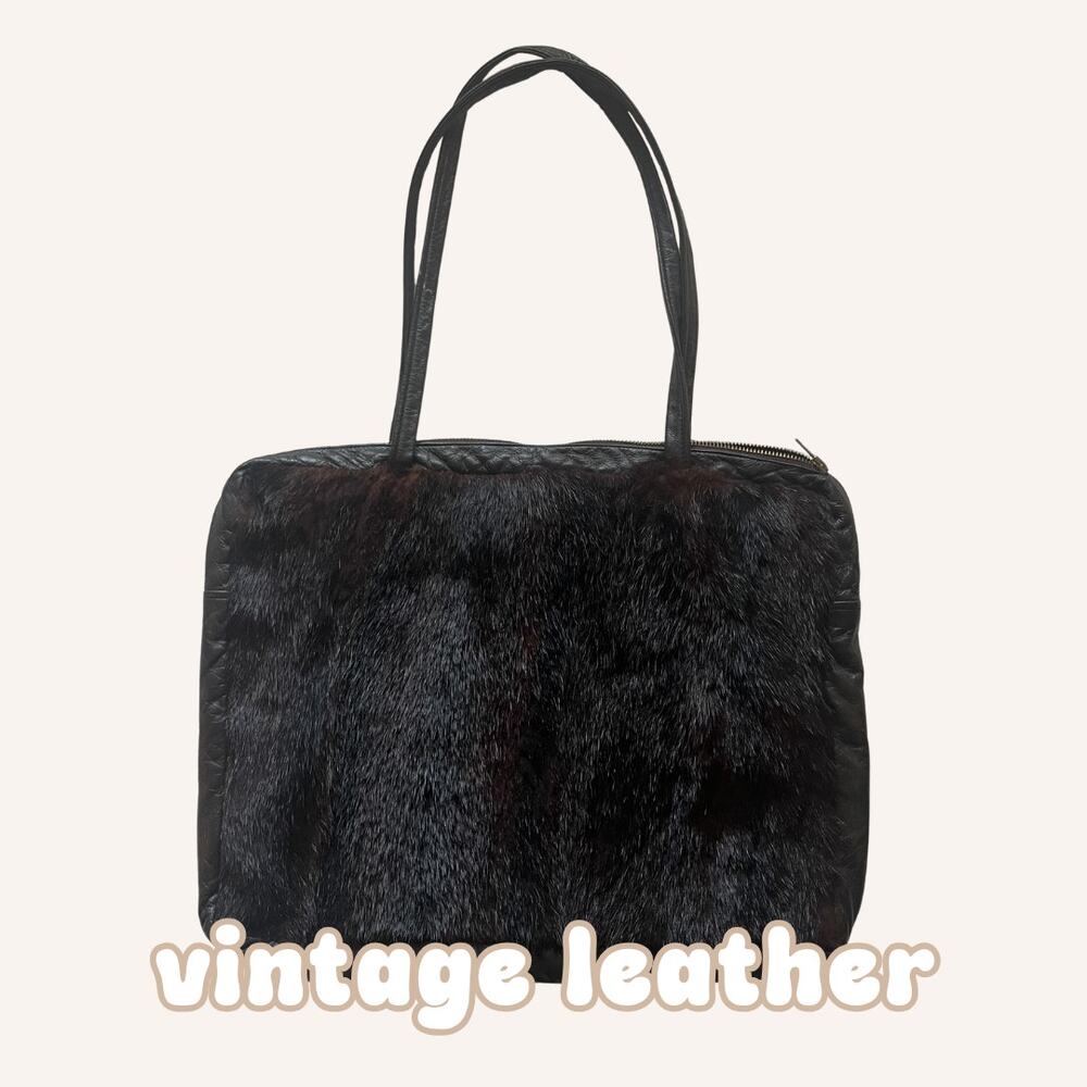 LEATHER & FUR vintage bag 17 inches, thin, reddish fur, brown leather